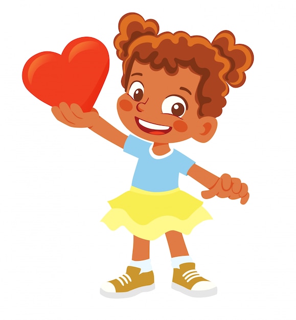 Chica afroamericana tiene corazón. Carácter sonriente joven con corazón rojo.