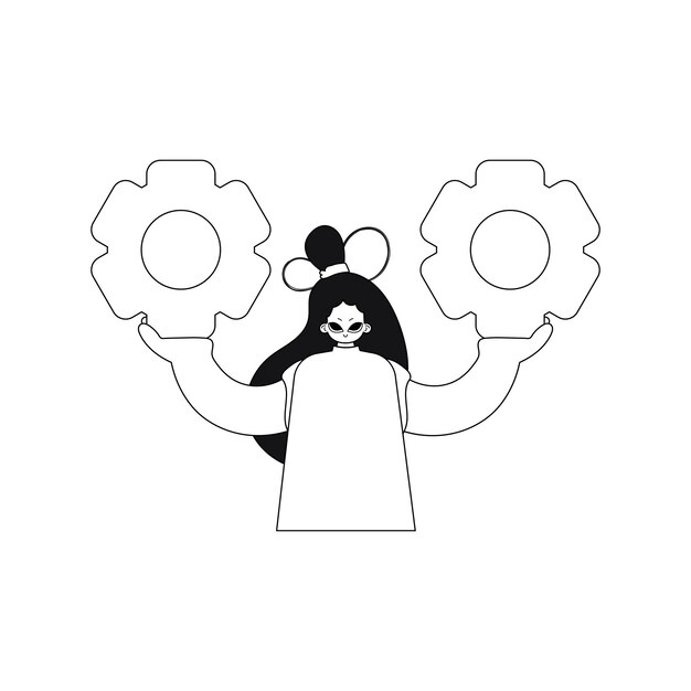Chica agarra engranajes, ilustración vectorial de estilo lineal.