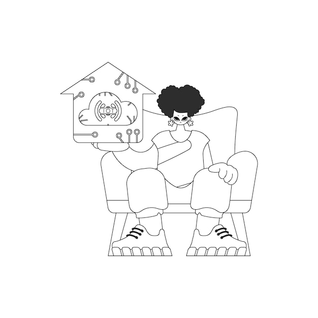 Chica agarra el logotipo de IoT en forma de vector lineal