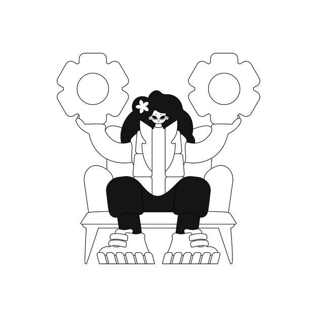 Chica agarrando engranajes. Estilo lineal. Arte vectorial.