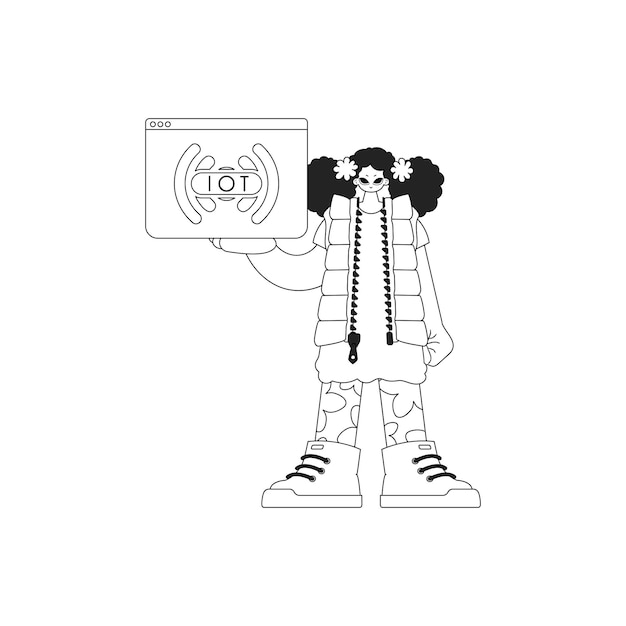 Chica agarrando una ilustración vectorial del logotipo de IoT en un estilo lineal