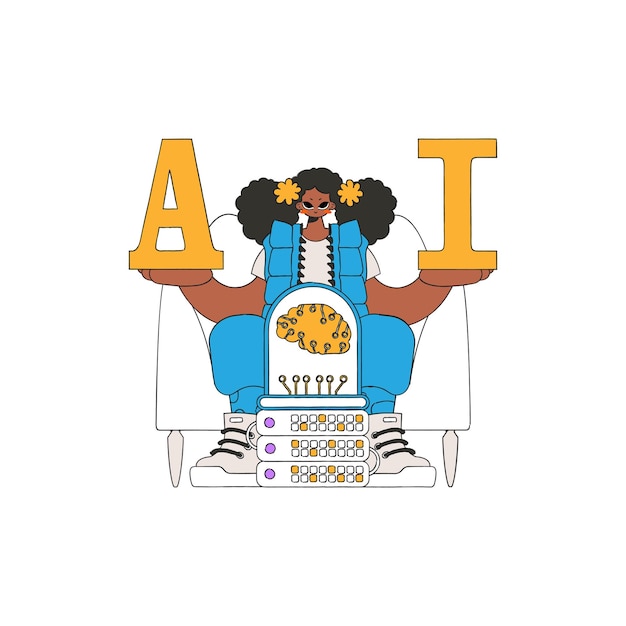 Chica agarrando letras A e I, concepto AI, arte vectorial.