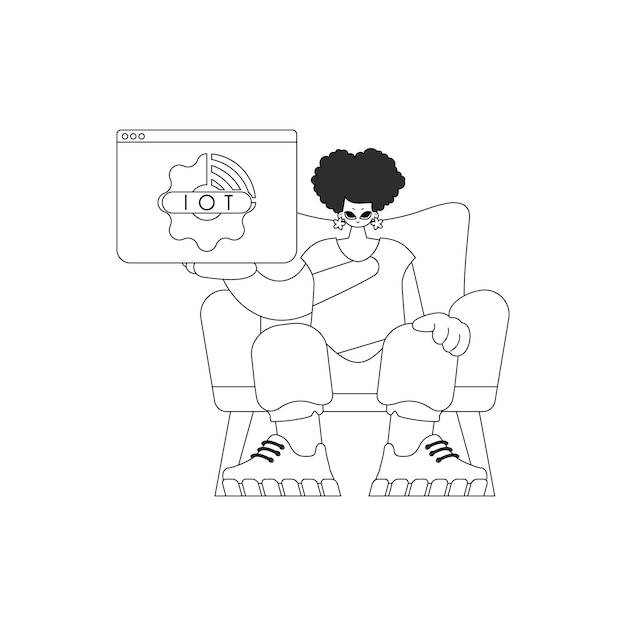 Chica agarrando el logotipo de IoT en diseño lineal vectorial