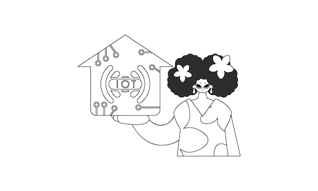 Chica agarrando el logotipo de IOT en diseño lineal vectorial