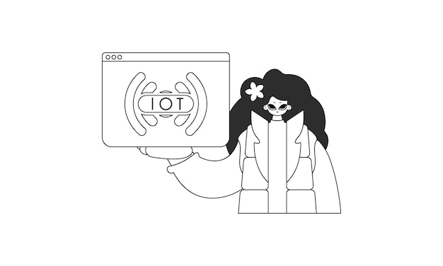 Chica agarrando el logotipo de IoT en ilustración vectorial lineal