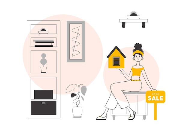 La chica del agente de bienes raíces Lineart estilo de moda Ilustración vectorial