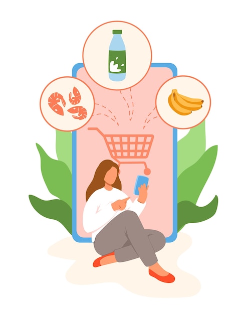 Chica agrega al carrito productos del supermercado en línea desde casa Personas haciendo compras a través de Internet Eligiendo diferentes productos en línea Entorno digital y comercio electrónico Vector
