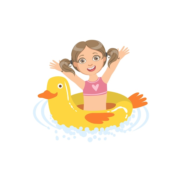 Chica en agua con flotador de pato de juguete