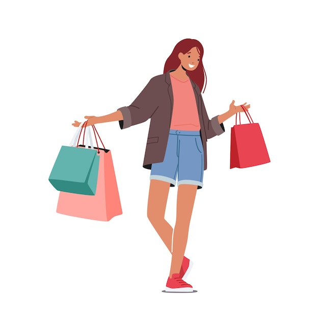 Vector chica alegre adicta a las compras con compras en bolsas de papel de colores mujer elegante feliz sosteniendo paquetes de compras