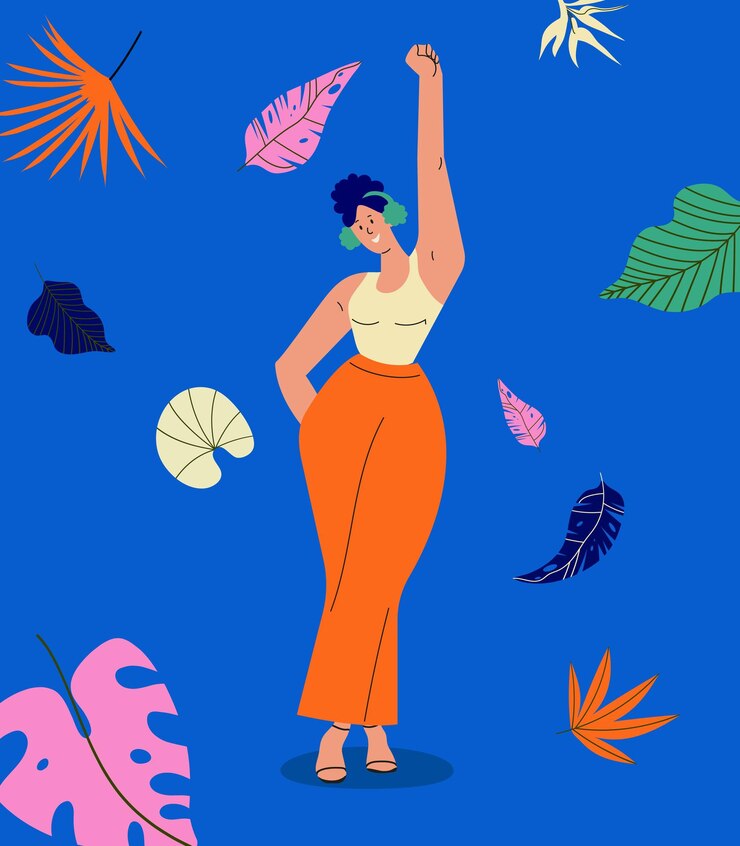 Vector chica alegre con auriculares esponjosos y coloridas hojas tropicales ilustración de vibraciones de verano brillante