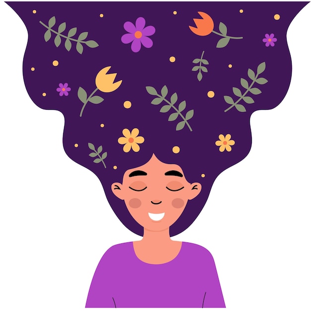 Una chica alegre con el cabello vibrante lleno de flores y hojas contra un fondo colorido