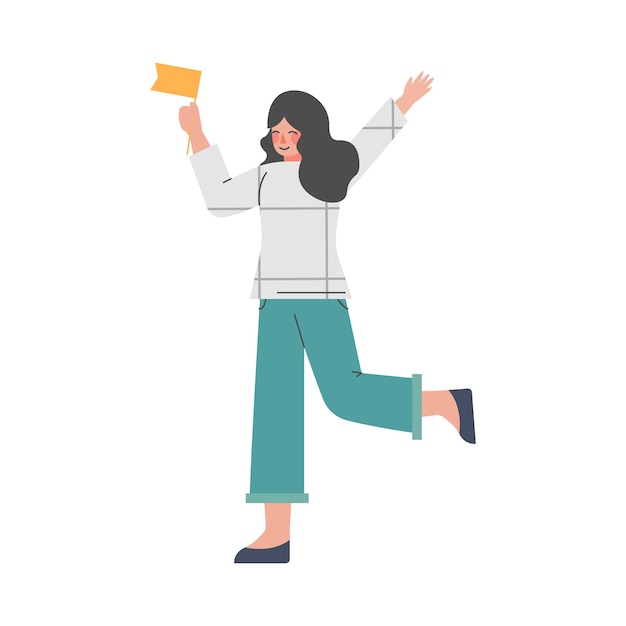 Chica alegre celebrando vacaciones con una ilustración vectorial de dibujos animados de la bandera de la fiesta