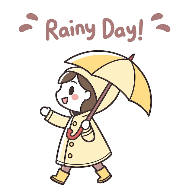 Chica alegre con impermeable sosteniendo un paraguas amarillo en un día de lluvia con elementos de fondo divertidos