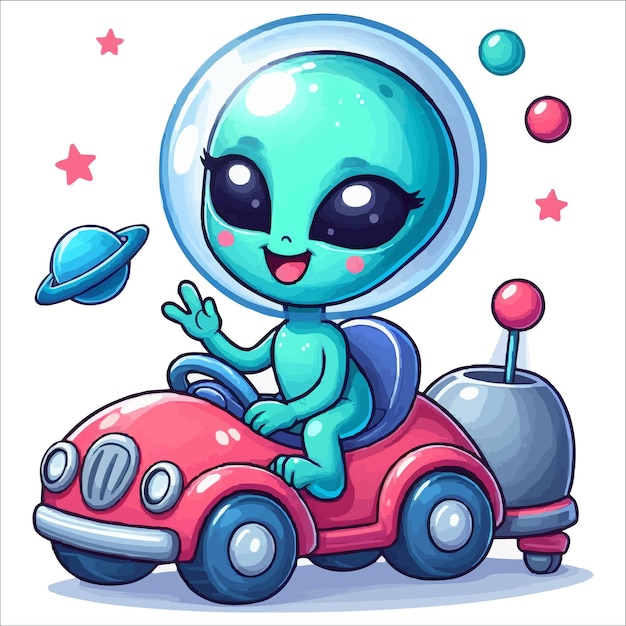 Una chica alienígena feliz está sentada en un coche de juguete ilustración vectorial de personajes de dibujos animados aislados en b blanco