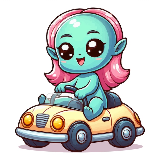 Vector una chica alienígena feliz está sentada en un coche de juguete ilustración vectorial de personajes de dibujos animados aislados en b blanco