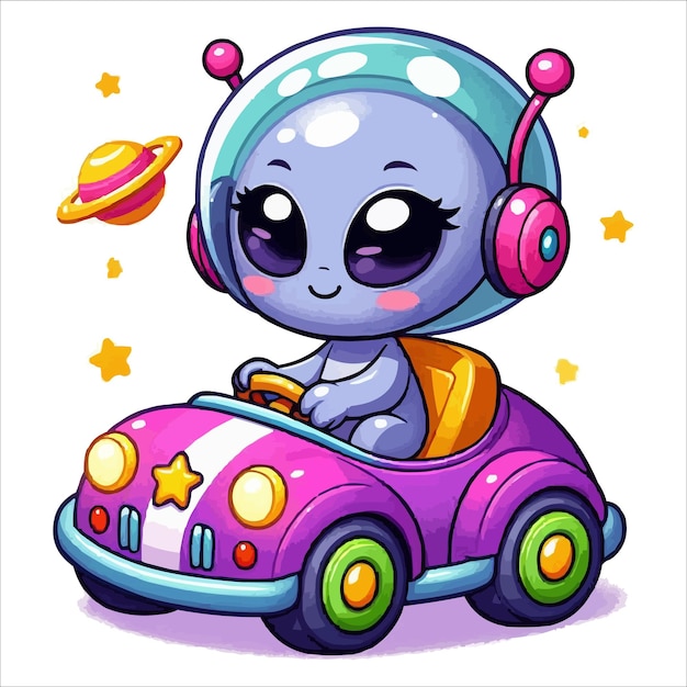 Vector una chica alienígena feliz está sentada en un coche de juguete ilustración vectorial de personajes de dibujos animados aislados en b blanco