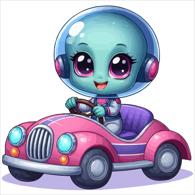 Vector una chica alienígena feliz está sentada en un coche de juguete ilustración vectorial de personajes de dibujos animados aislados en b blanco