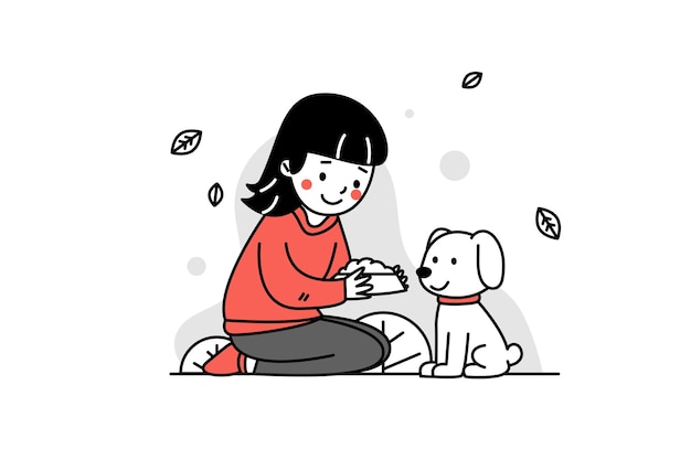 La chica alimenta al perro