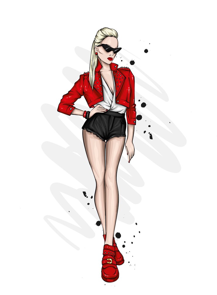 Vector una chica alta y delgada con pantalones cortos, chaqueta y zapatos de tacón alto. ilustración.