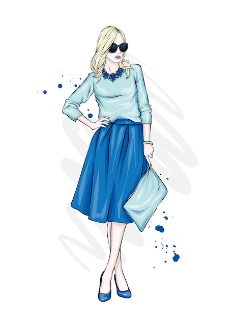 Una chica alta y hermosa con piernas largas con una elegante falda, gafas, blusa y zapatos de tacón alto.