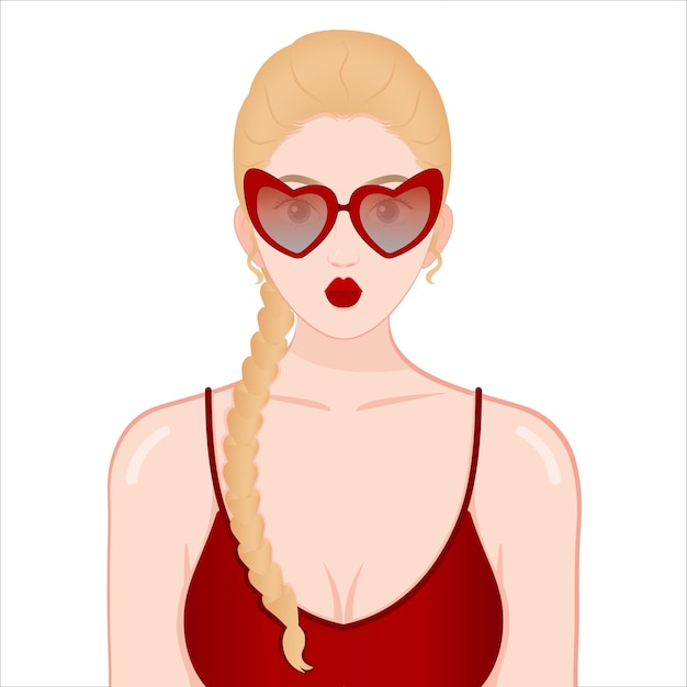 Chica de alta moda con gafas de sol rojas pose de beso bikini rojo de pelo trenzado rubio en verano