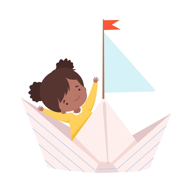 Chica americana aricana linda navegando en un barco de papel con ilustración vectorial de bandera roja