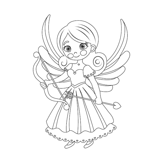 Chica amorosa con arco y flecha niña ángel princesa querubín dibujo lineal para libro de colorear