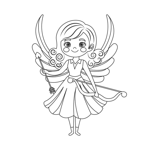 Chica amorosa con arco y flecha niña ángel princesa querubín dibujo lineal para libro de colorear
