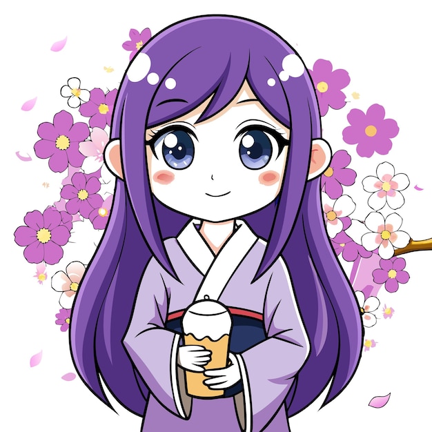 chica de anime con el cabello púrpura largo con un kimono tradicional sosteniendo un vaso de leche con una cereza b