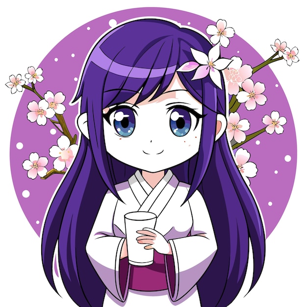 chica de anime con el cabello púrpura largo con un kimono tradicional sosteniendo un vaso de leche con una cereza b