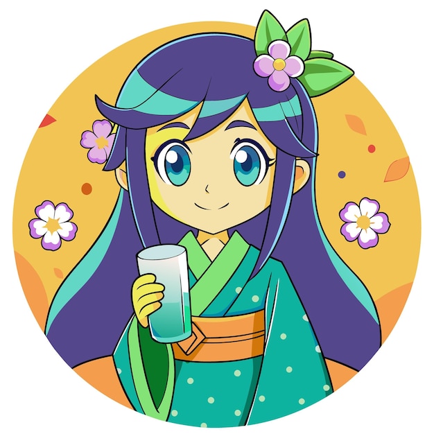 chica de anime con el cabello púrpura largo con un kimono tradicional sosteniendo un vaso de leche con una cereza b