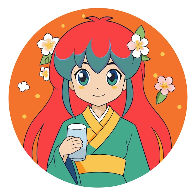 chica de anime con el cabello púrpura largo con un kimono tradicional sosteniendo un vaso de leche con una cereza b
