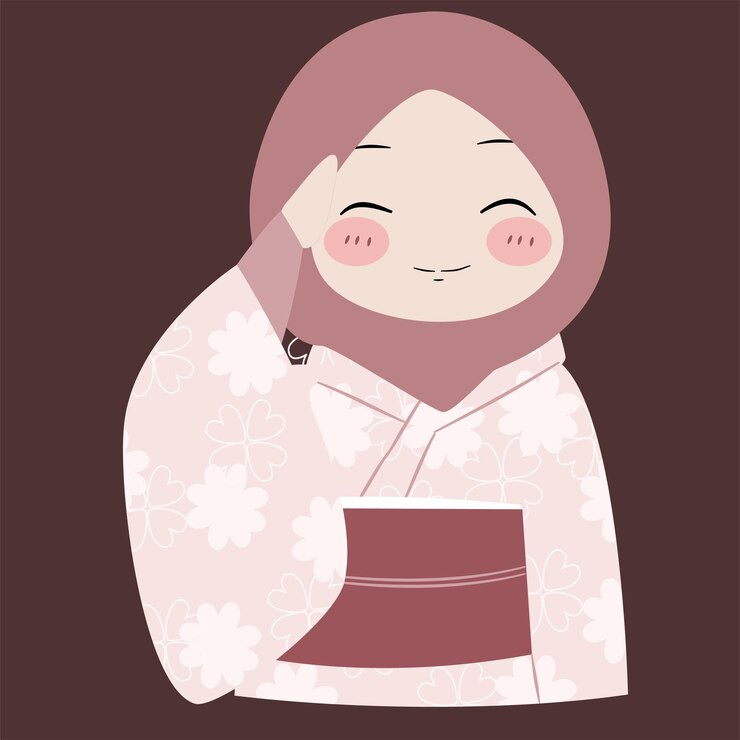 Chica de anime de dibujos animados con hijab con expresión sorprendida y kimono floral
