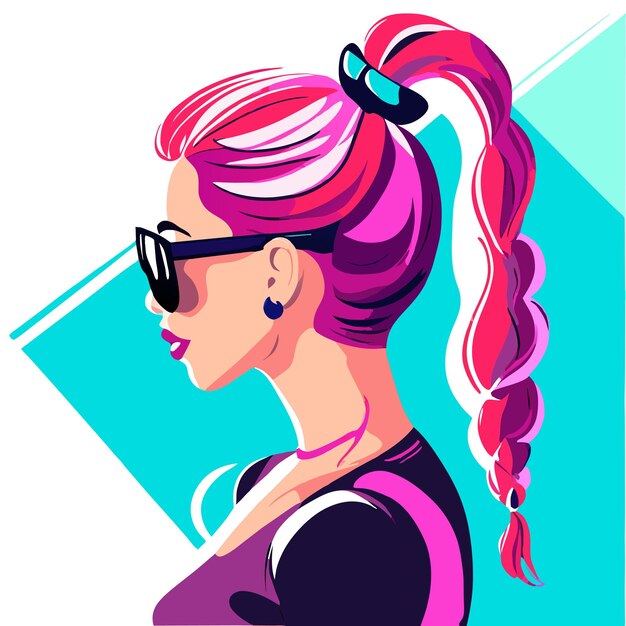 Vector chica de anime con gafas de sol y cabello colorido dibujada a mano plano elegante icona de pegatina de dibujos animados concepto