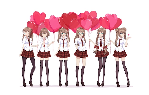 Chica anime manga sostiene globos en forma de corazón