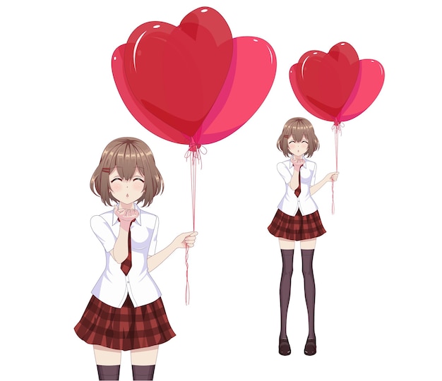 Chica anime manga sostiene globos en forma de corazón