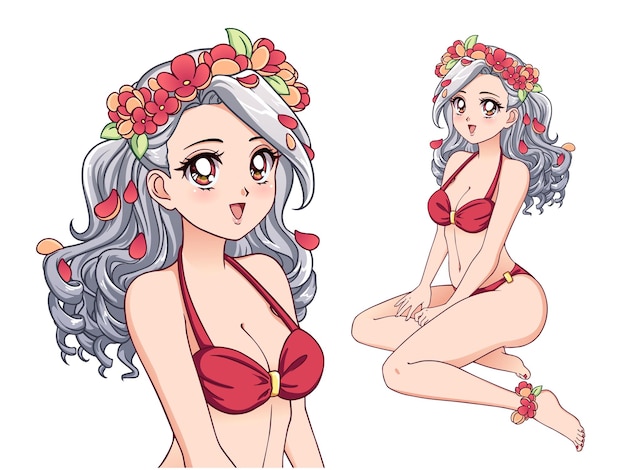 Chica anime con traje de baño rojo y corona de flores. Cabello blanco y rizado, grandes ojos marrones. Dibujar a mano ilustración.