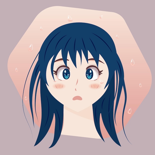 Vector chica anime triste está llorando. chica con cabello azul sobre un fondo con lágrimas. depresión, tristeza, dolor.