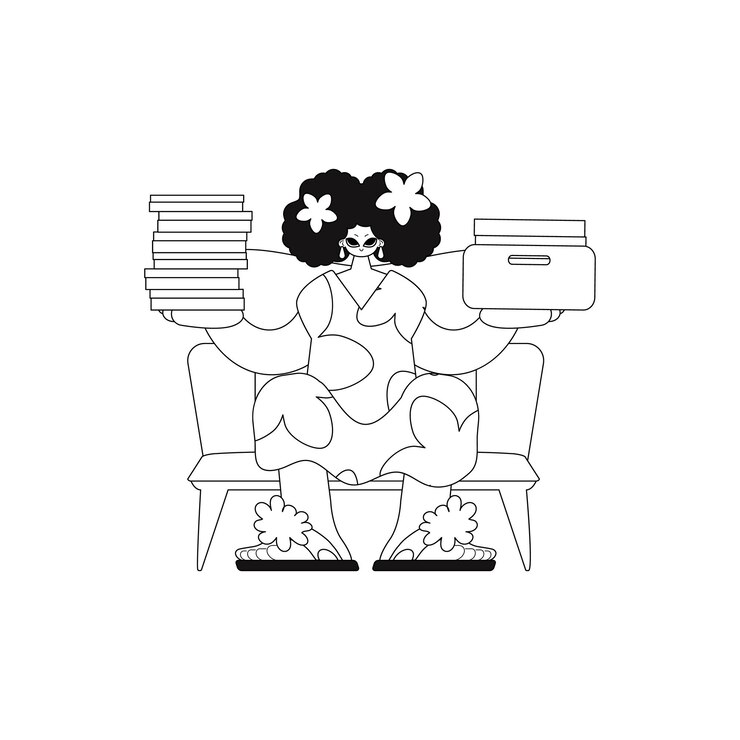 Vector la chica apila montones de documentos. diseño lineal. arte vectorial.