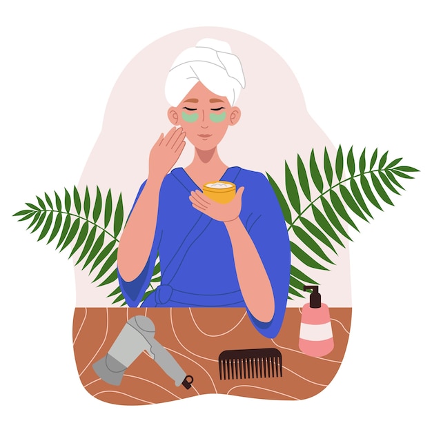 Chica aplica cosmética natural para el cuidado diario de la piel. Rutina diaria de la mañana. Ilustración plana vectorial moderna aislada en un fondo blanco.