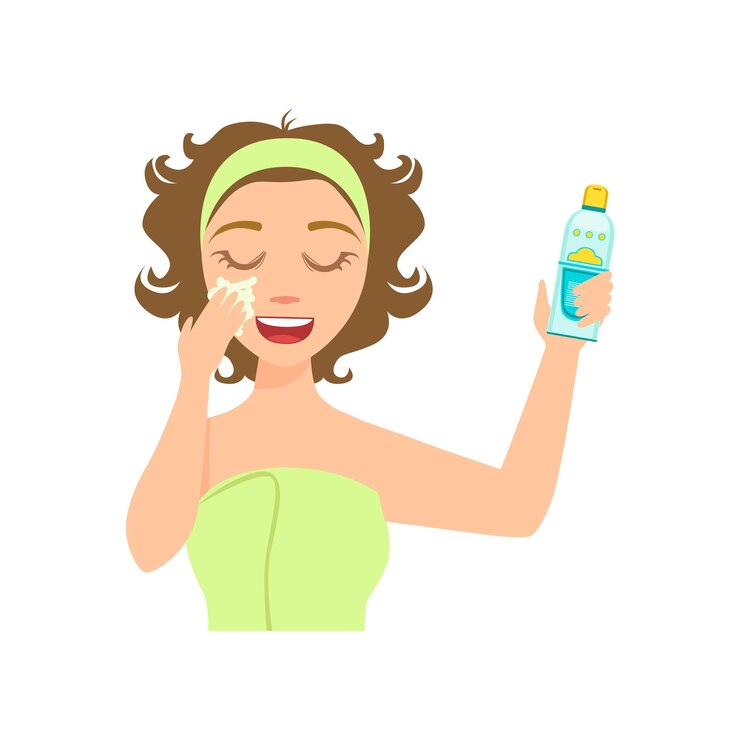 Vector chica aplicando loción facial de protección solar mujer con los ojos cerrados haciendo procedimiento de spa en casa ilustración