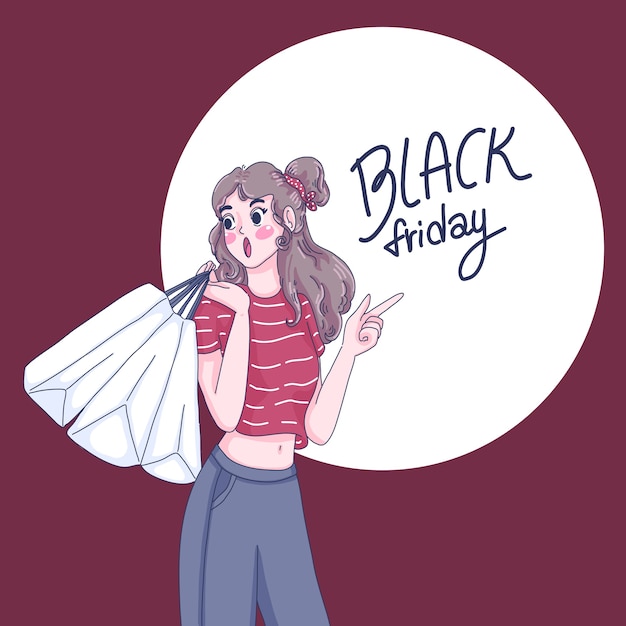 Chica apuntando a la ilustración de letras de Black Friday