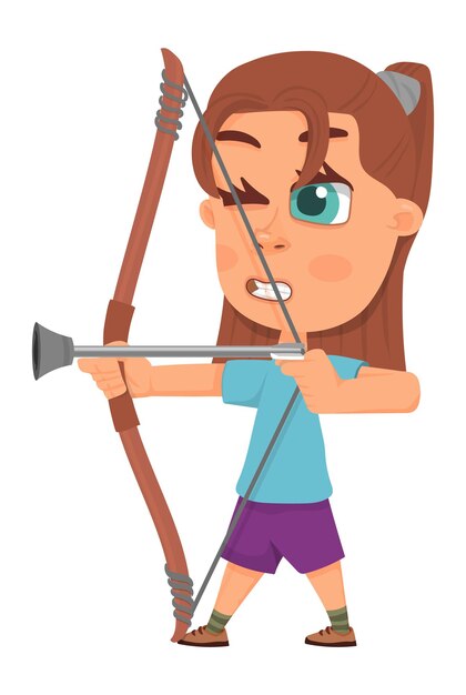 Chica Arher. Niño disparando desde arco de flecha. Deporte infantil