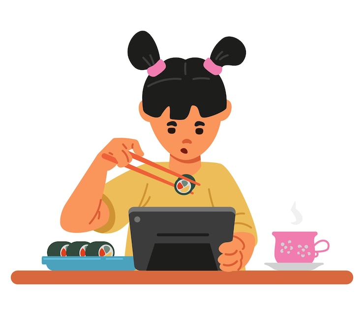 Vector una chica asiática comiendo sushi y usando una tableta.