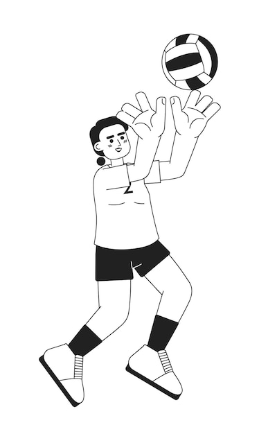 Chica asiática fuerte lanzando pelota personaje vectorial plano monocromático jugando al voleibol Entrenamiento línea delgada editable persona de cuerpo completo en blanco imagen de punto de dibujos animados simple bw para diseño gráfico web