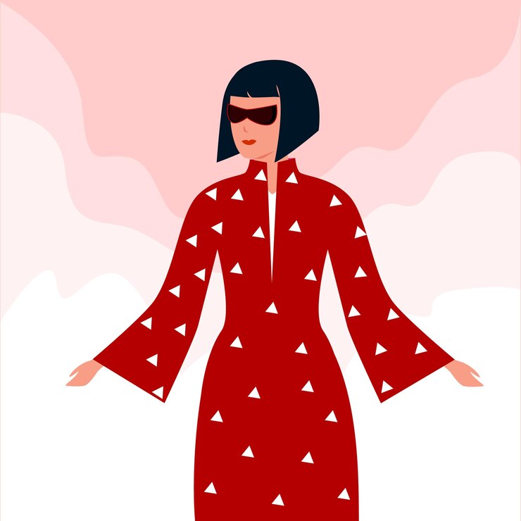 Vector chica asiática en gafas de sol y kimono rojo ilustración vectorial plana
