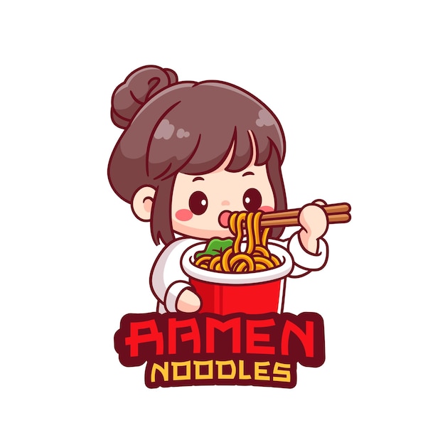 Una chica asiática linda comiendo una taza de fideos ramen logotipo de la mascota