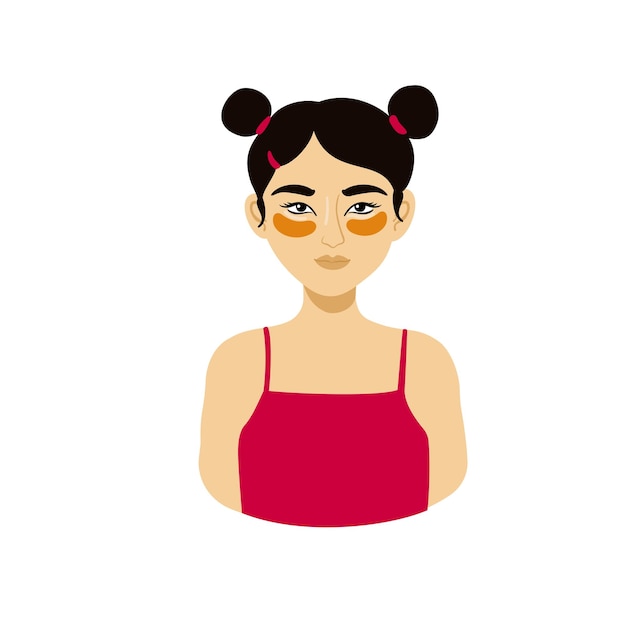 Chica asiática con parches cosméticos para los ojos Ilustración de vector de concepto de rutina de autocuidado y belleza