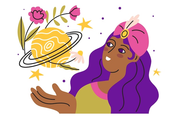 Chica astróloga Astrología y negocios Elaboración de un horóscopo según la carta natal Consulta de clientes según el signo del zodíaco Estilo plano en ilustración vectorial