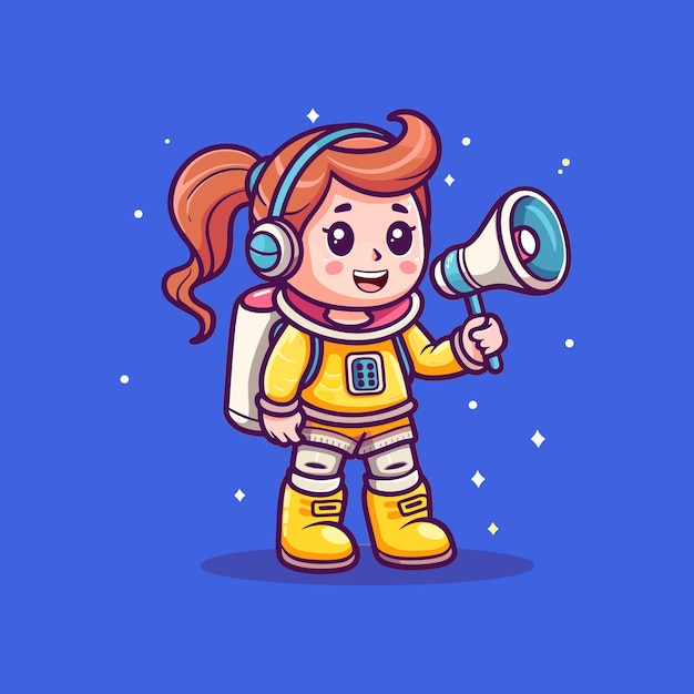 Vector chica astronauta de carácter lindo hablando con un altavoz de megáfono en dibujos animados vectoriales espaciales